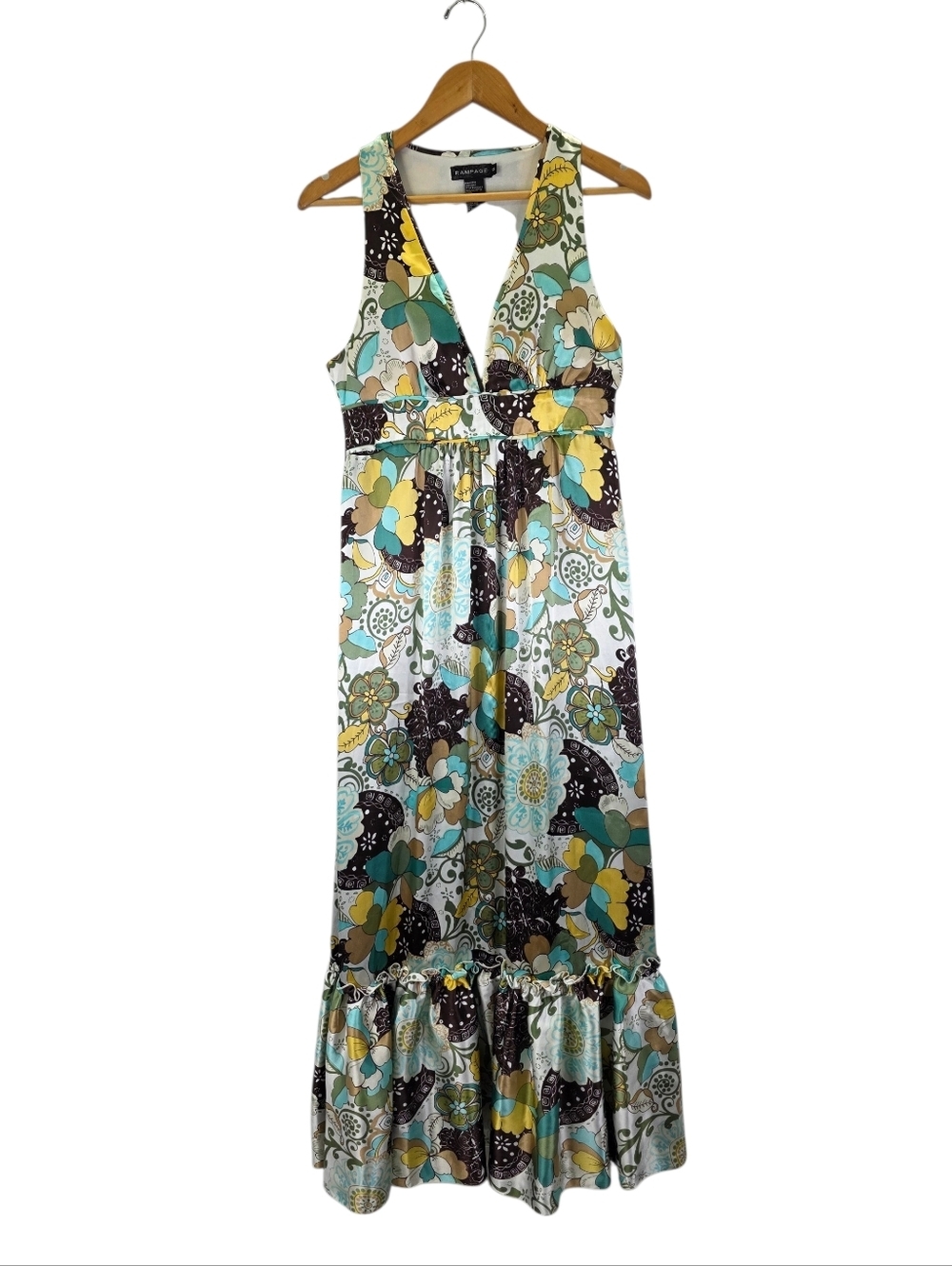 VTG Rampage Y2K Floral‎ Halter Maxi Dress Size 9 Junior Boho Whimsigoth Ruffle